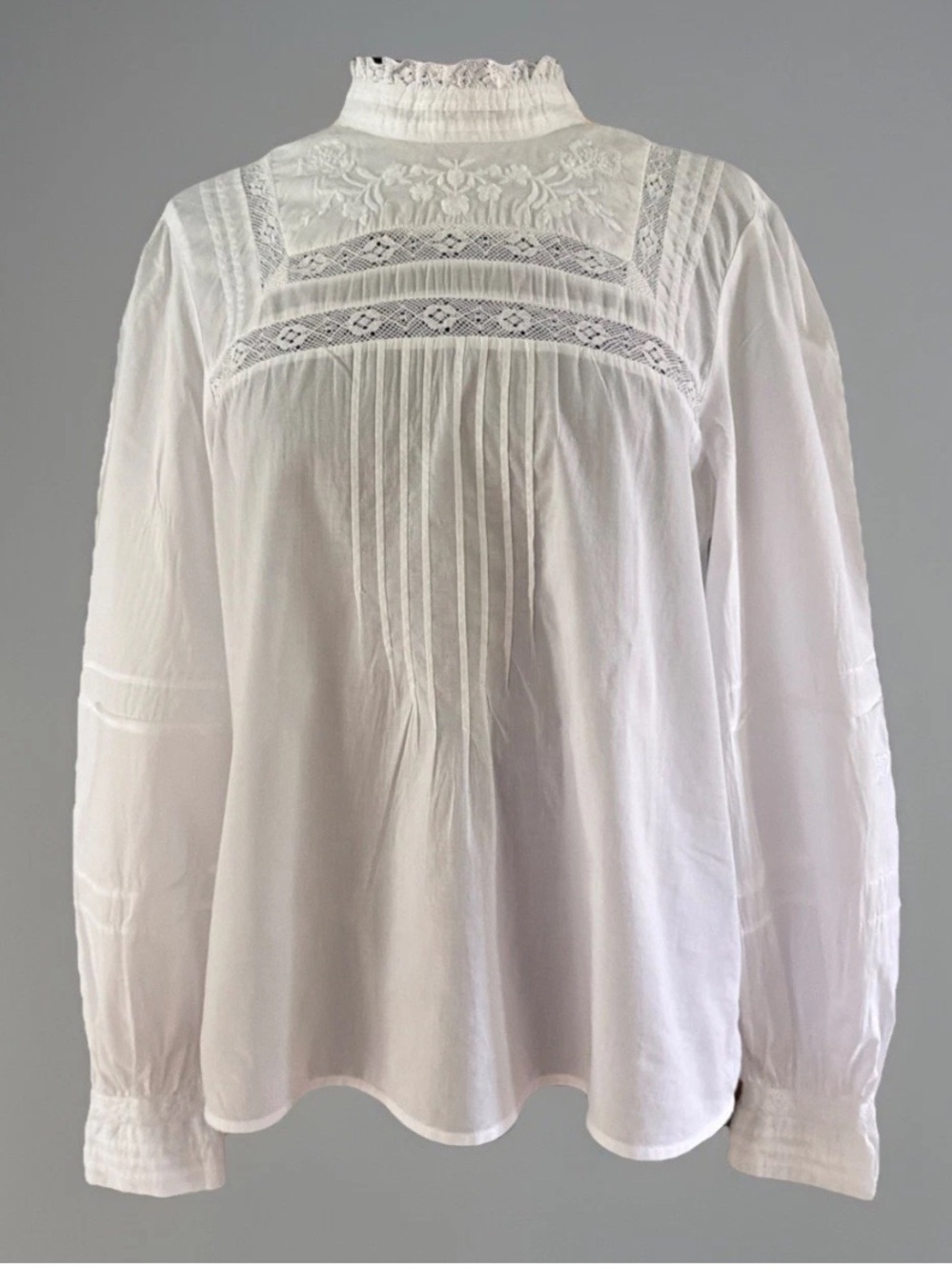Gap White Long Sleeve Mock Neck Cotton Top Lace Pintuck Pleats Size Med